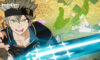The featured image for our Black Clover Mobile reroll guide, featuring a character fiercely wielding an alluminated blue sword.