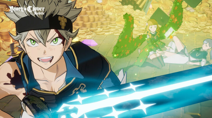 The featured image for our Black Clover Mobile reroll guide, featuring a character fiercely wielding an alluminated blue sword.