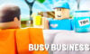 The featured image for our Busy Business codes guide, featuring a man in a blue uniform tipping a man in an orange jumper, with the title of the game appearing in the bottom right corner of the picture.