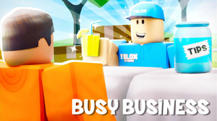 The featured image for our Busy Business codes guide, featuring a man in a blue uniform tipping a man in an orange jumper, with the title of the game appearing in the bottom right corner of the picture.