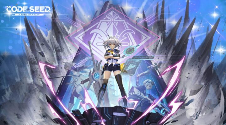 a female character stands in the middle with a large sword behind her, to her left and right there are two girls who are transparent and posing with their weapons, the background is an explosion of dirt and rocks with pink sparks, with the code seed logo in the top left