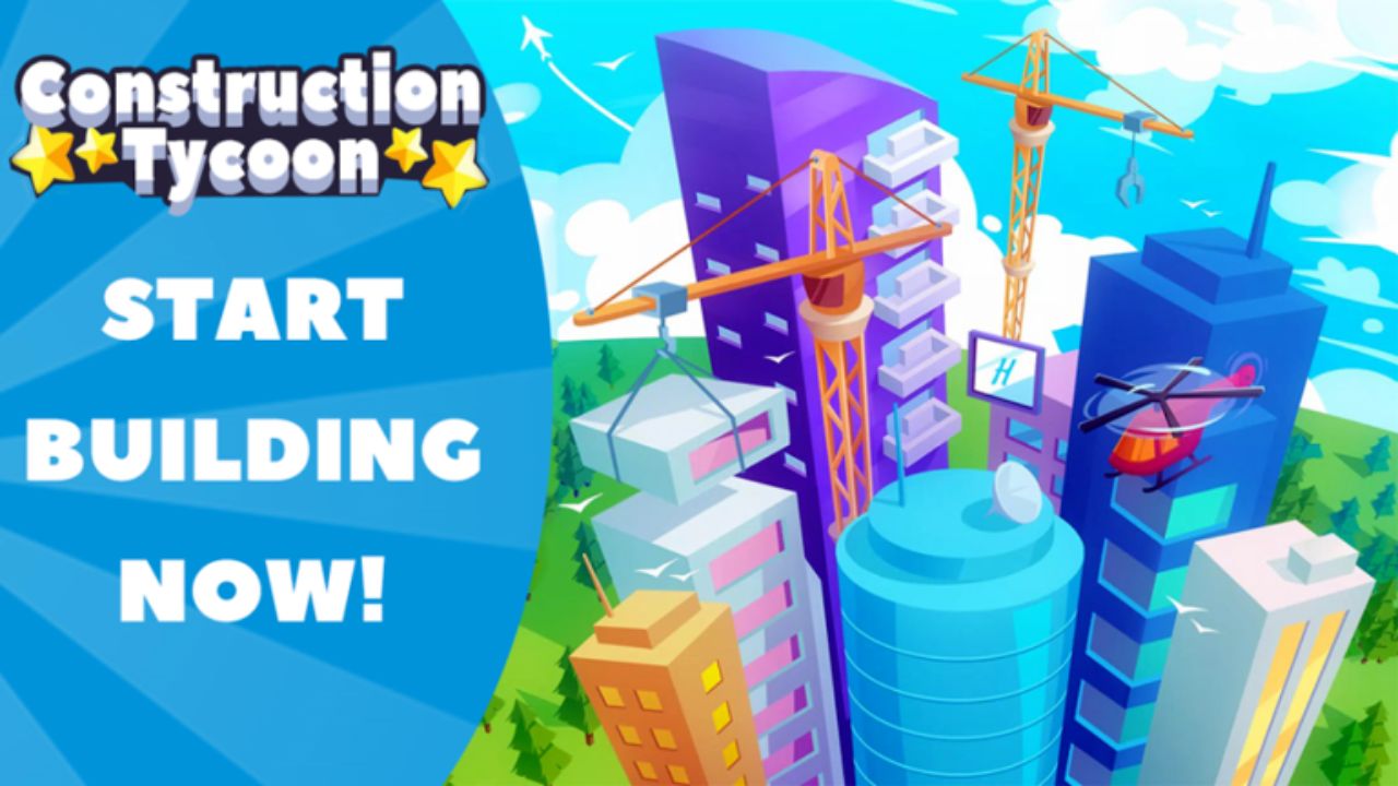 Featured image for our Construction Tycoon codes guide. It shows a cartoon city with cranes on top of the buildings.
