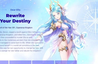 The featured image for our Dear Ella reroll guide, featuring a Dear Ella character facing the camera with a blue background.