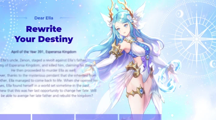 The featured image for our Dear Ella reroll guide, featuring a Dear Ella character facing the camera with a blue background.