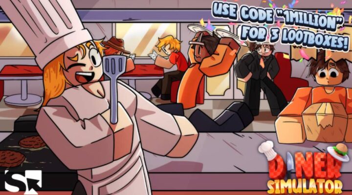 feature image for our diner simulator codes guide, it is the official promotional art for the diner simulator roblox game featuring cartoon roblox characters in a diner, with the cook holding a spatula with a chef hat on