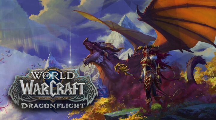 promotional image for the wow dragonflight expansion pack for our wow dragonflight tier list, there is a woman with a dragon stood on top of a cliff with snow mountains in the distance, the logo for the expansion is in the bottom left