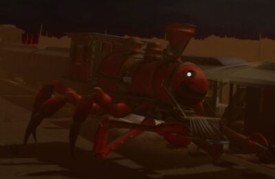 Feature image for our Edward The Man-Eating Train codes guide. It shows Edward, a train monster with spider legs, attacking a train carriage.