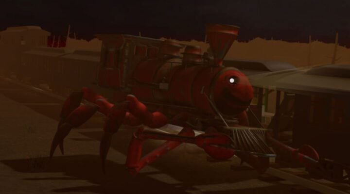 Feature image for our Edward The Man-Eating Train codes guide. It shows Edward, a train monster with spider legs, attacking a train carriage.