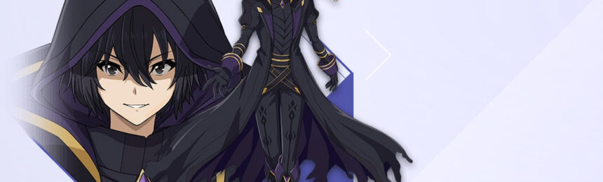 The featured image for our The Eminence in Shadow: Master of Garden codes guide, featuring a poster of the character Shadow in black robes walking towards the camera with a purple background.