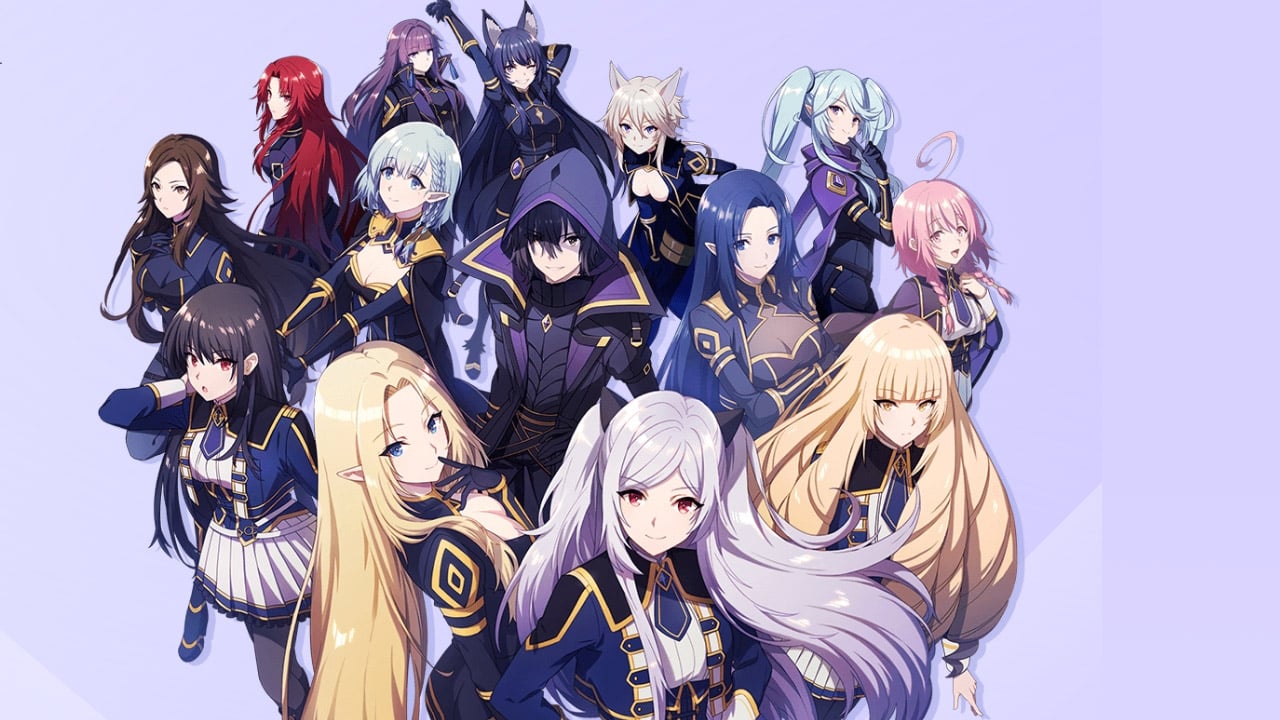 The featured image for our The Eminence in Shadow: Master Of Garden tier list, featuring the cast of the series all in a group posing with a pink background.