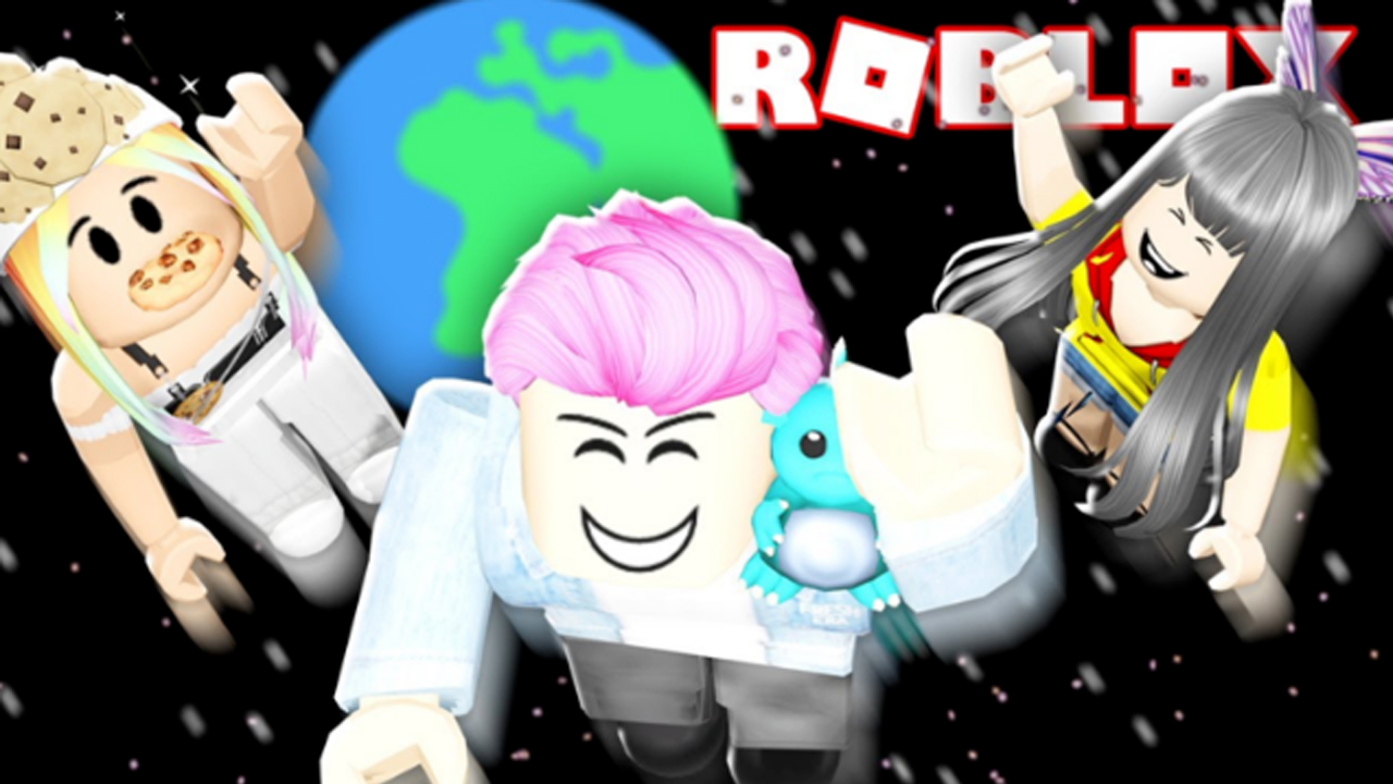 The featured image for our Escape the Crazy Funhouse Obby codes guide, featuring three Roblox characters floating in space looking at the camera in joy.