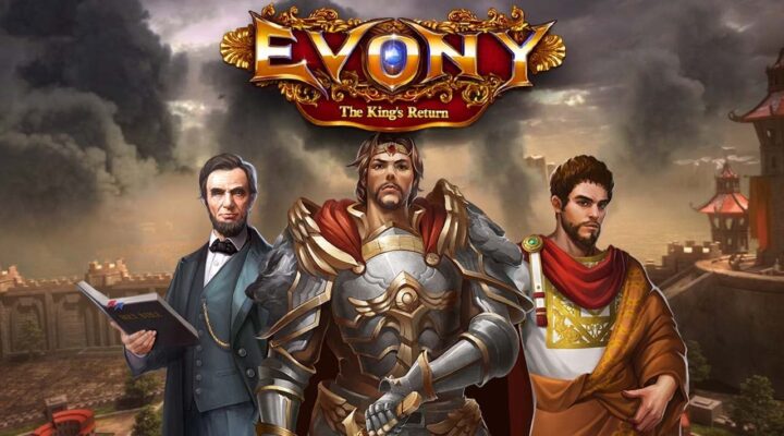 three characters in historial clothing facing the viewer with smoke from a battle behind, with the evony logo at the top