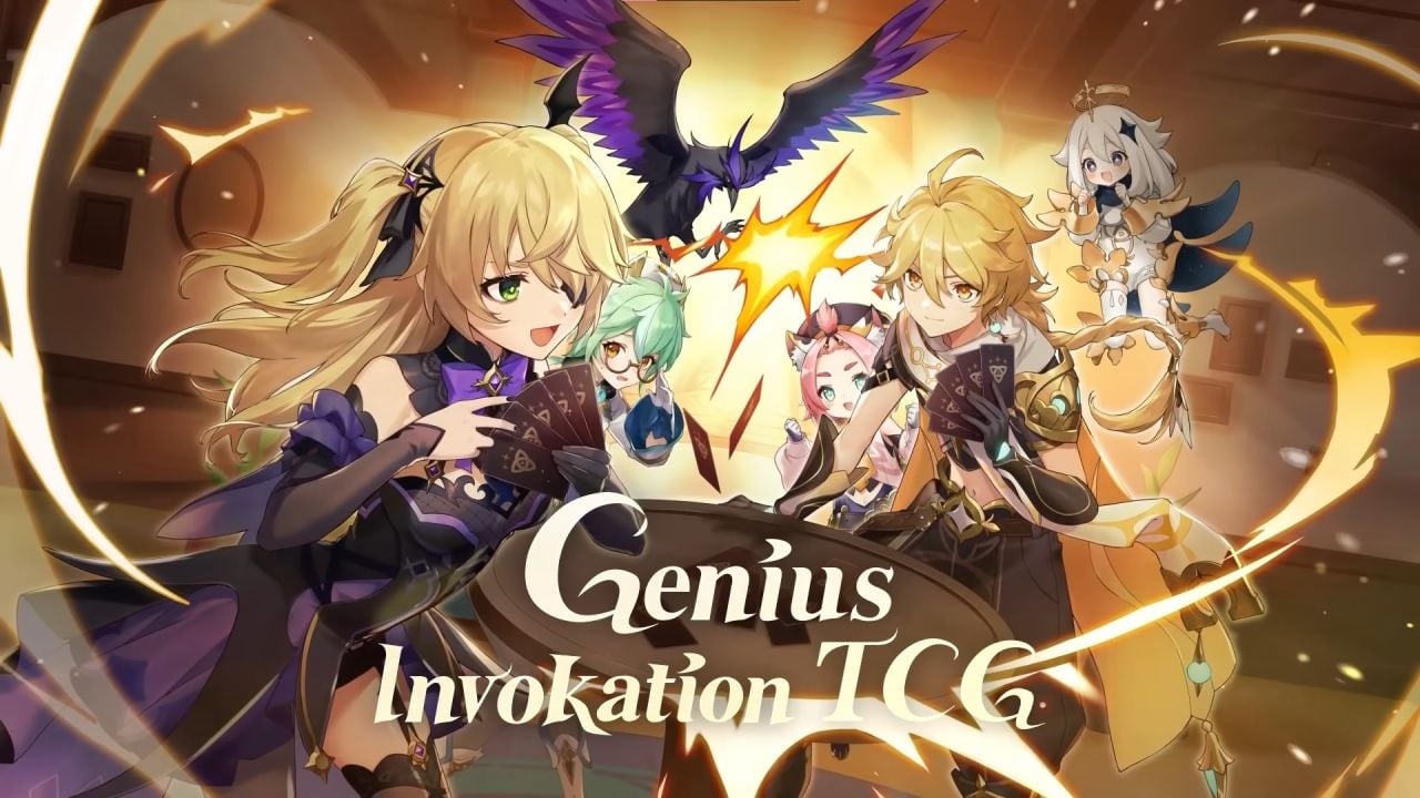 feature image for our genshin impact genius invokation tcg guide, featuring fischl, aesther, diona, sucrose and paimon from the game