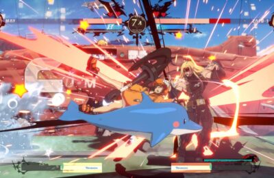feature image for our guilty gear strive tier list, the image shows a screenshot of battle gameplay between May and Zato 1, with Mays dolphin attacking Zato 1