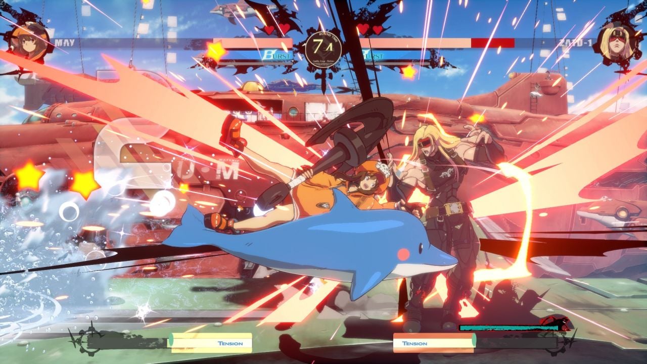 feature image for our guilty gear strive tier list, the image shows a screenshot of battle gameplay between May and Zato 1, with Mays dolphin attacking Zato 1