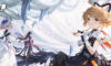 The featured image for our Higan Eruthyll codes guide, featuring two girls in dresses facing towards the camera with a white background. In the distance is a third character, looking in the distance.