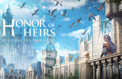 The featured image for our Honor of Heirs classes guide, featuring an extreme long shot of a woman on a balcony of a castle, overlooking a kingdom filled with high towers, castles, and blue skies.