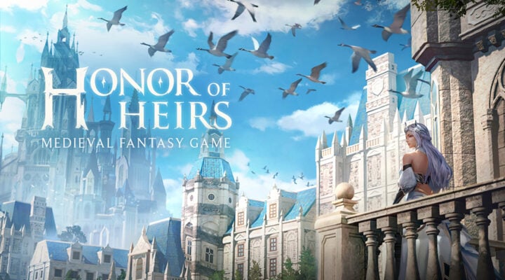 The featured image for our Honor of Heirs classes guide, featuring an extreme long shot of a woman on a balcony of a castle, overlooking a kingdom filled with high towers, castles, and blue skies.