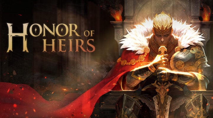 The featured image for our Honor of Heirs codes guide, featuring a king sitting and thinking carefully, cradling his sword as his red cape drapes from his shoulders.