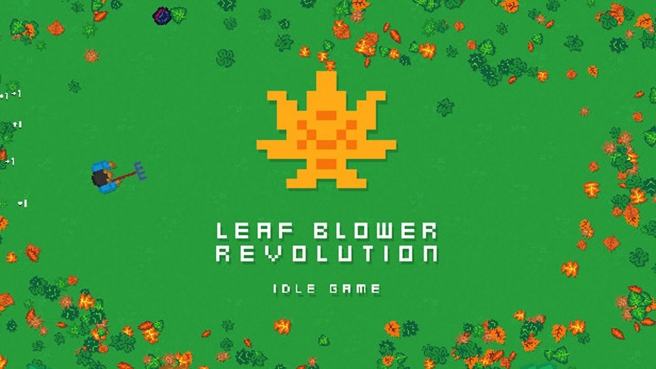 feature image for our leaf blower revolution codes guide which showcases the games logo on a bright green background as well as the pixelated main character holding a leaf blower with orange and green leaves all over the grass