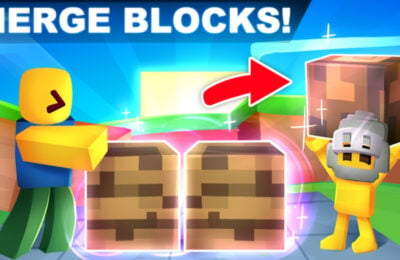 The featured image for our Merge Simulator codes guide, featuring two Roblox characters merging blocks together.