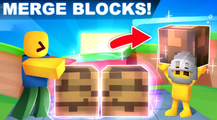 The featured image for our Merge Simulator codes guide, featuring two Roblox characters merging blocks together.