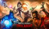 The featured image for our Mortal Kombat: Onslaught codes guide, featuring the poster. The poster is presented in an orange colour scheme, and it features a group of Mortal Kombat characters engaging in a battle with each other.
