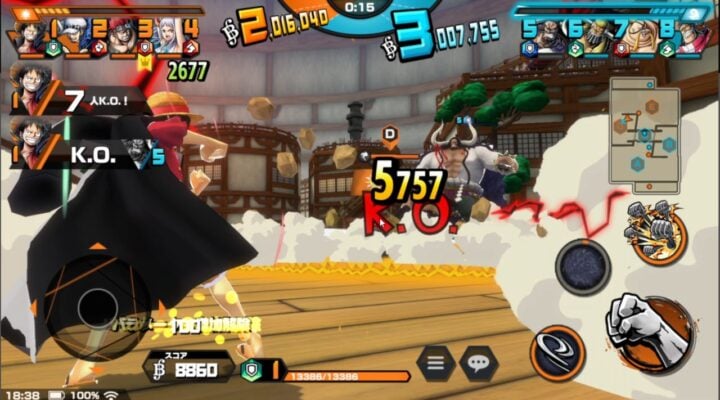Feature image for our One Piece Bounty Rush tier list. It shows a screenshot from the game, with two characters fighting in the treasure zone.