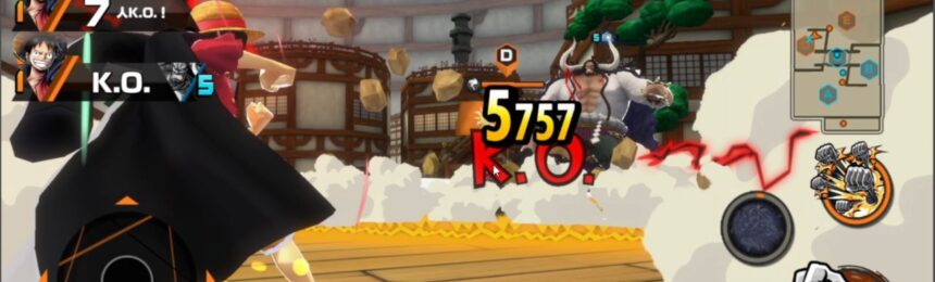 Feature image for our One Piece Bounty Rush tier list. It shows a screenshot from the game, with two characters fighting in the treasure zone.