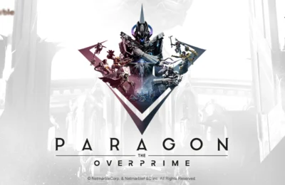 The featured image for our Paragon: The Overprime tier list, featuring a game poster with a white background with a character in the centre, holding two handguns.