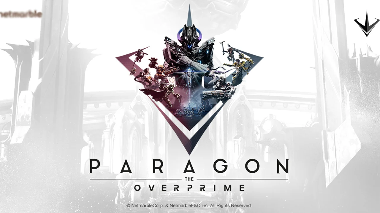 The featured image for our Paragon: The Overprime tier list, featuring a game poster with a white background with a character in the centre, holding two handguns.