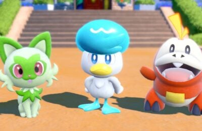 the feature image for our pokemon violet and scarlet codes guide, featuring the three new starter pokemon called Sprigatito, Fuecoco, and Quaxly