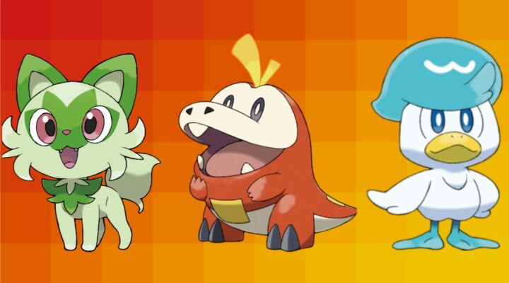 feature image for our pokemon violet scarlet tier list, featuring a photo of the three new pokemon starts called fuecoco, quaxly and sprigatito