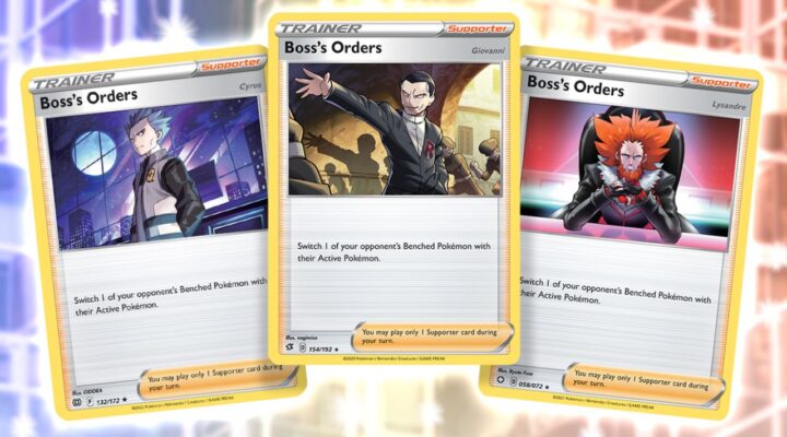 This is the featured image for our Pokemon TCG Live codes guide, showing Pokemon TCG cards, featuring three boss cards.