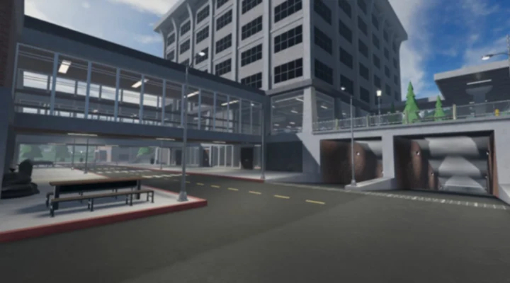 Screenshot from Roblox's Evade game, showing an open area on a city map.