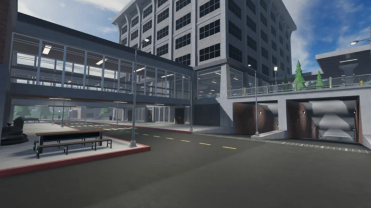 Screenshot from Roblox's Evade game, showing an open area on a city map.