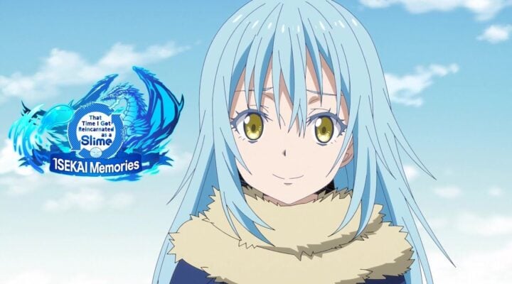 feature image for our slime isekai memories tier list, with rimuru tempest with a blue sky and clouds behind, with the slime isekai memories game logo on the left