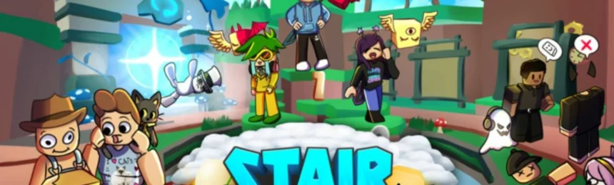 promotional image for the game, stair legends, featuring drawings of roblox characters, as well as the logo for stair legends