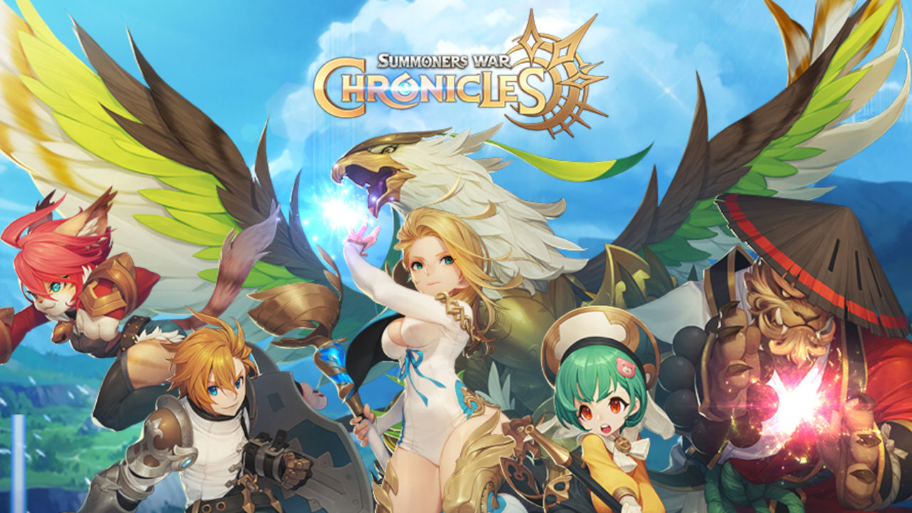Summoners War: Chronicles characters stood in front of the logo