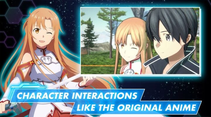 Feature image for our sword art online characters guide, featuring a picture of Asuna from the anime, and a screenshot of Kirito and Asuna from the sword art online vs game.