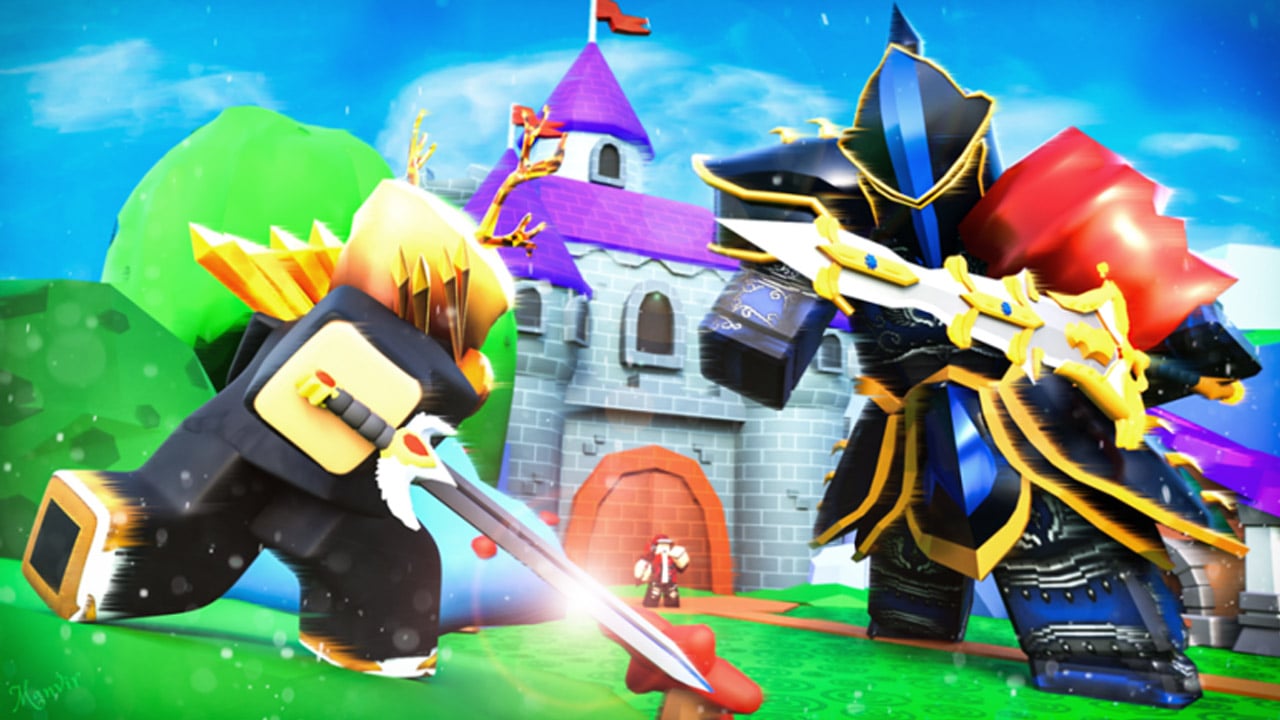 The featured image for our sword fighters simulator codes guide, featuring two sword fighters about to clash in a brightly coloured garden.