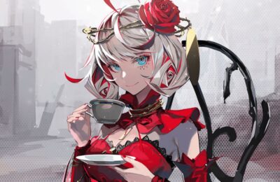 feature image for our takt op destiny mobile tier list guide, the image includes an anime girl called fate from the game sipping on a cup of tea as she sits on a chair with a faint city in the background