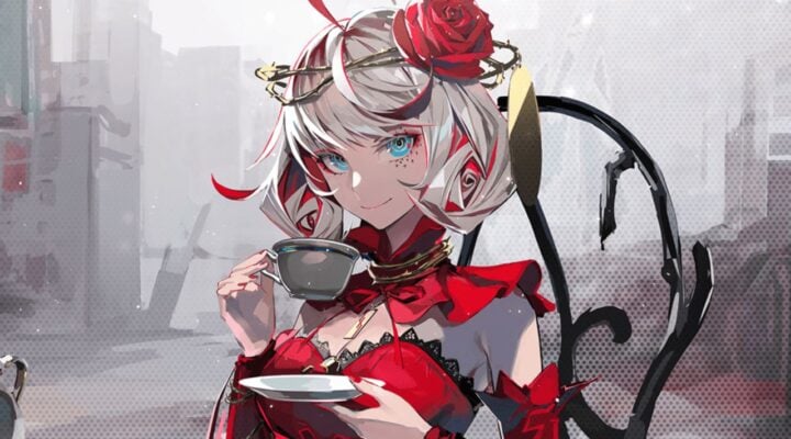 feature image for our takt op destiny mobile tier list guide, the image includes an anime girl called fate from the game sipping on a cup of tea as she sits on a chair with a faint city in the background