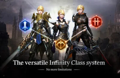 The featured image for our Traha Global guide, featuring three Traha Global characters in armour and holding weapons facing the screen. The words "The versatile Inifinity Class system" are written underneath.