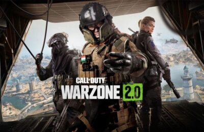 promotional image for call of duty warzone 2, with three characters dressed in protective gear stood on an aircraft with the wide door open, showing a wideshot view of the location down below
