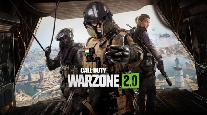 promotional image for call of duty warzone 2, with three characters dressed in protective gear stood on an aircraft with the wide door open, showing a wideshot view of the location down below