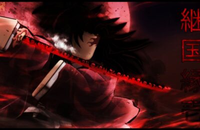 the feature image for our wisteria revamped codes guide, featuring the promotional image for the wisteria revamped roblox game, which features a black and red theme with a character inspired by the anime demon slayer holding a red and black katana
