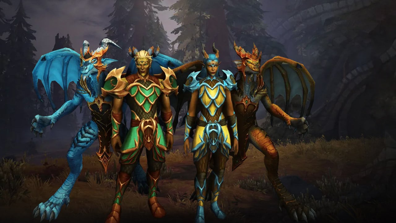 The featured image for our WoW Dragonflight releate date guide, featuring four new characters standing together in a clearing in the woods.