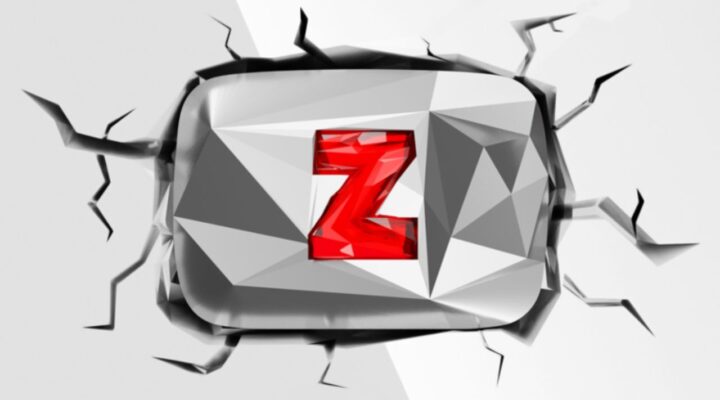 feature image for our youtube simulator z codes guide, the image features a youtube play button award smashing into a wall, the wall has cracks in it from the impact, and there is a crystalised red Z on the metal youtube play button