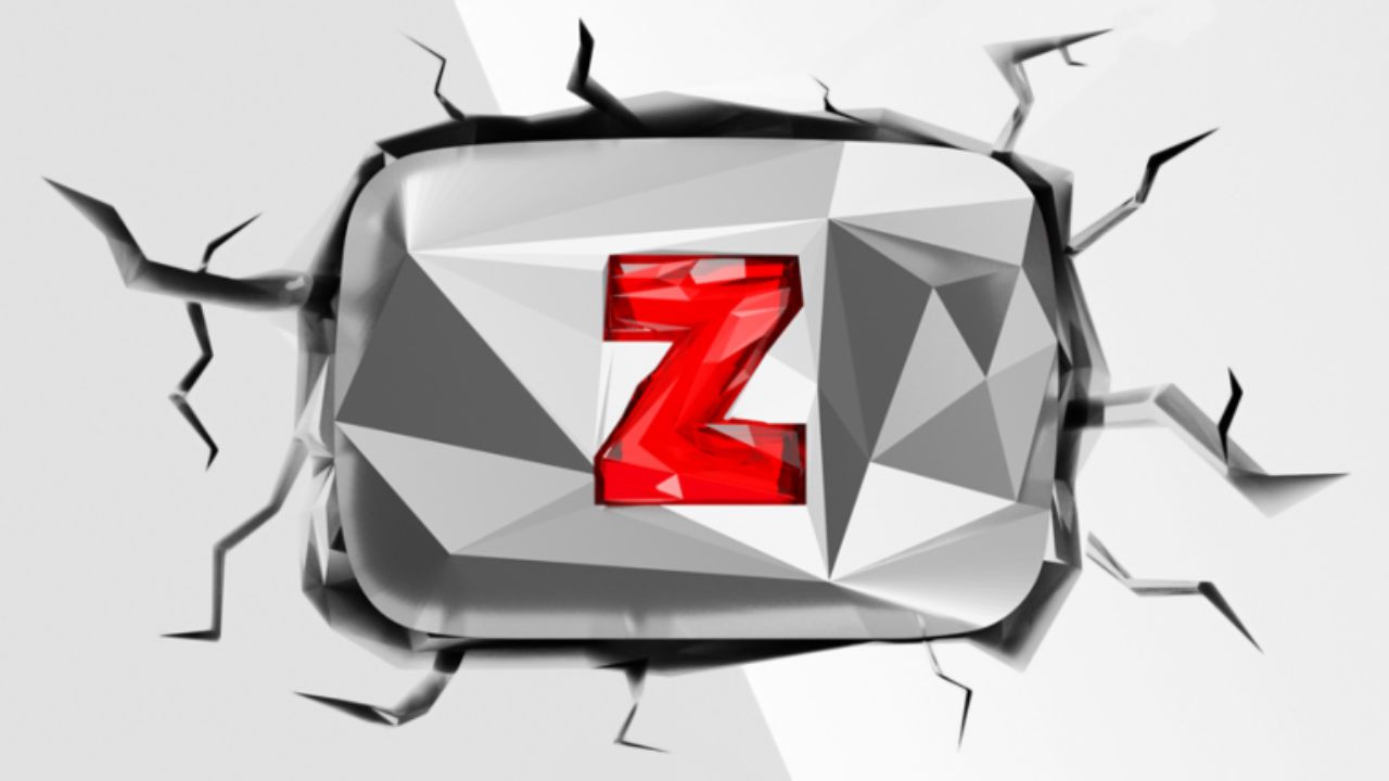 feature image for our youtube simulator z codes guide, the image features a youtube play button award smashing into a wall, the wall has cracks in it from the impact, and there is a crystalised red Z on the metal youtube play button